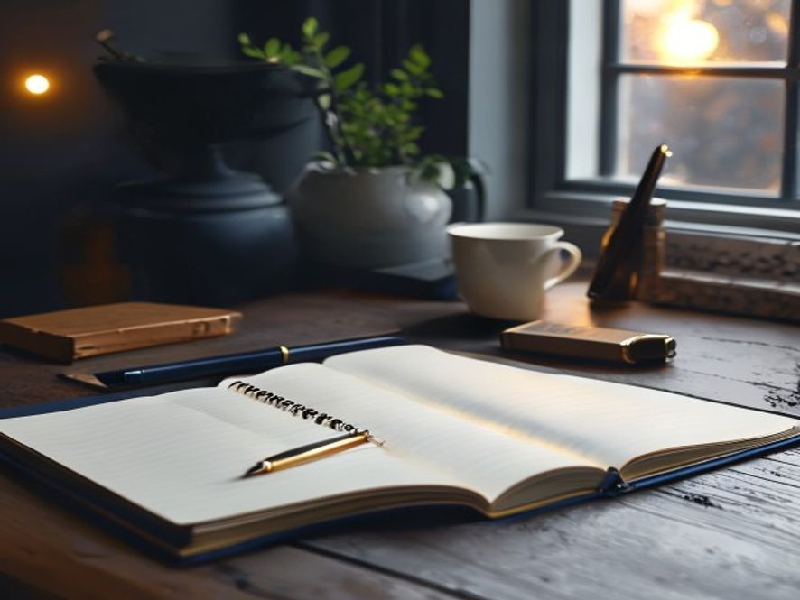 Open planning notebook with pen and calming items arranged on wooden desk surface